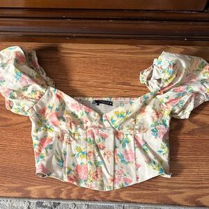 Zara Floral Puff Sleeve Blouse - Cream, Pink, Yellow